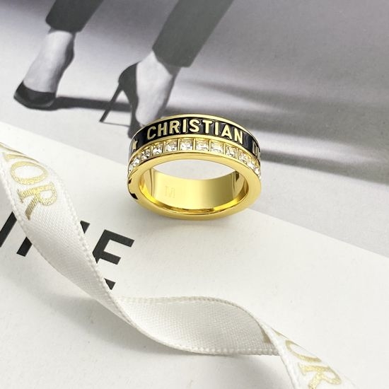 Christian Dior CD Black Enamel Crystal Gold Ring