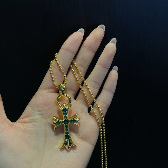 Chrome Hearts Gold Plated Green Zircon Cross Necklace
