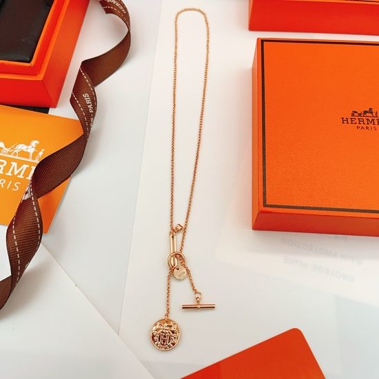 Hermes Rose Gold Coin Round Necklace