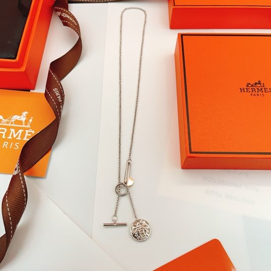 Hermes Silver Coin Round Pendant Necklace
