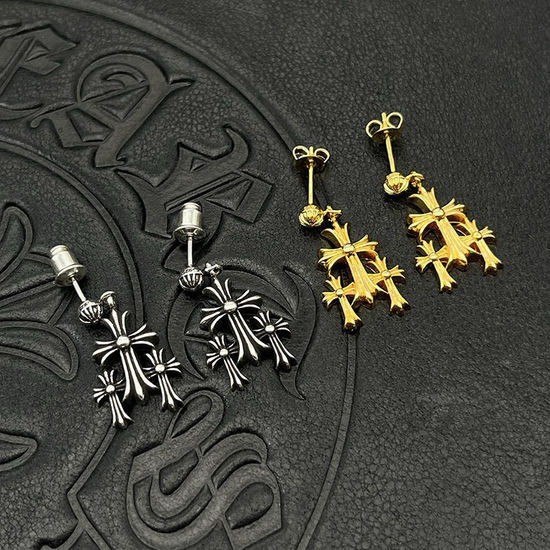 Chrome Hearts Silver Gold Plated Three Cross Earrings