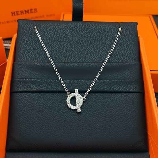 Hermes Silver Diamond Circular Pendant Necklace