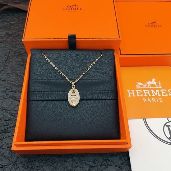 Hermes Gray Gold Pendant Necklace