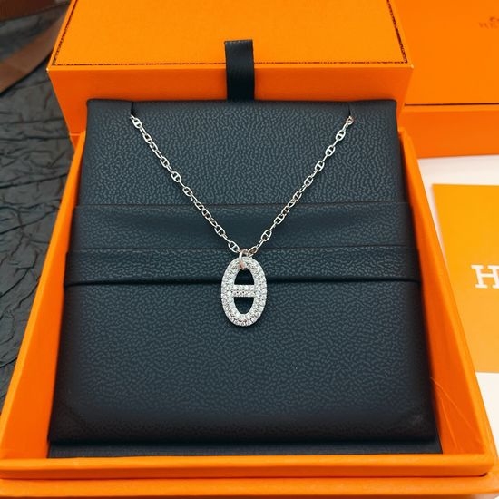 Hermes Silver Diamond Classic Pendant Necklace