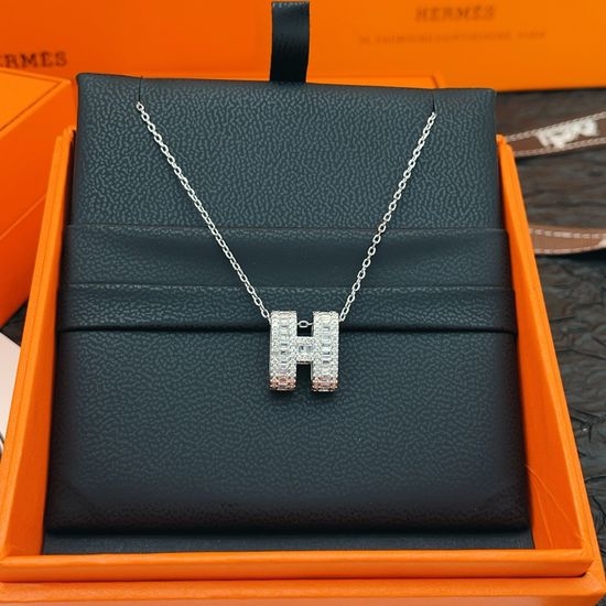 Hermes Silver Diamond H Shape Pendant Necklace