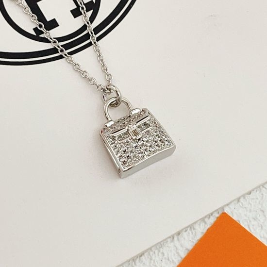 Hermes Silver Full Diamond Bag Pendant Necklace