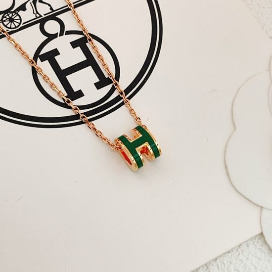 Hermes Green Enamel Rose Gold Mini Necklace