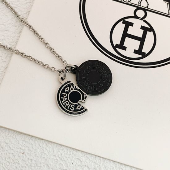 Hermes Silver Black Two-in-one Round Tag Necklace