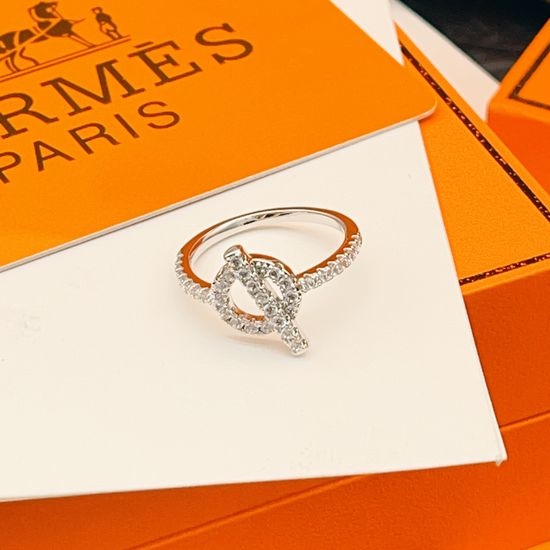 Hermes Round Diamond Inlaid Silver Ring