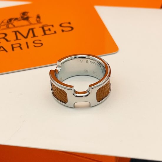 Hermes Brown Leather Silver Band Ring