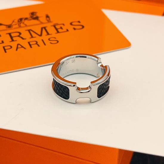 Hermes Black Leather Silver Band Ring