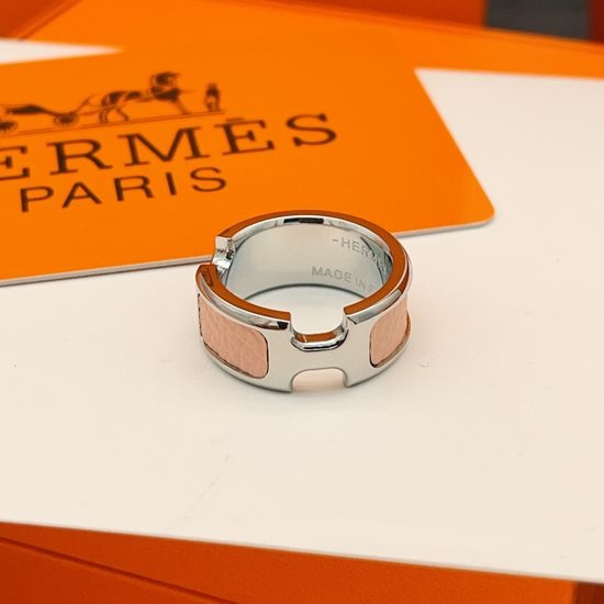 Hermes Pink Leather Silver Band Ring