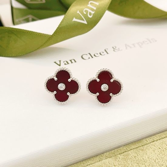 Van Cleef & Arpels VCA Red Mother-of-pearl Clover Single Diamond Earrings