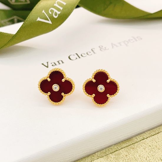 Van Cleef & Arpels VCA Red Mother-of-pearl Clover Single Diamond Earrings