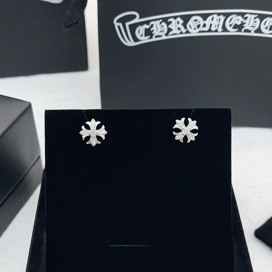 Chrome Hearts Silver Cross Diamond Inlaid Earrings