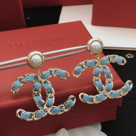 Chanel Blue Denim Brass Drop Earrings