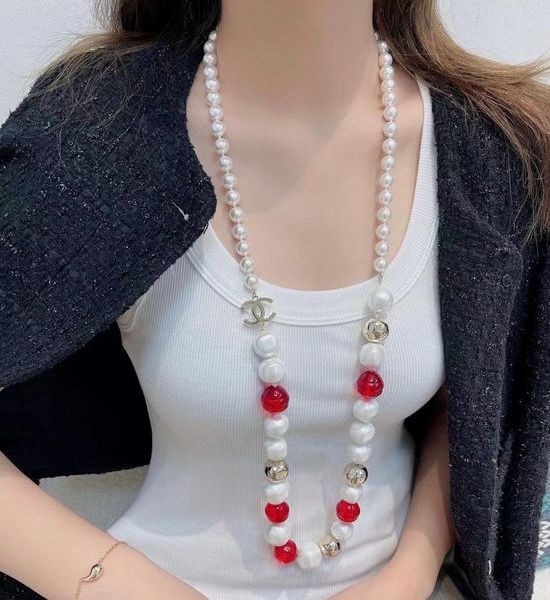 Chanel Long Pearl Layered Chain with Floral Accents
