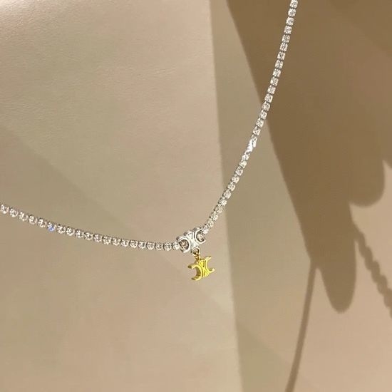 Celine Full Rhinestone Thin Chain Necklace Simple Style