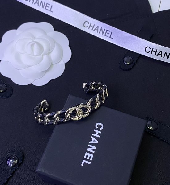 Chanel Black Leather Weave Open Bracelet