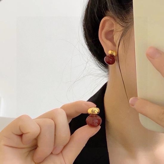 Celine Vintage Gold Arch Red Oval Earrings