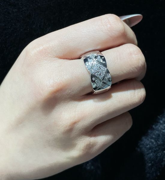 Chanel Quilted Pattern Rhinestone Wide Ring