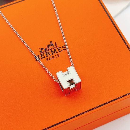 Hermes Silver White Square H Letter Necklace