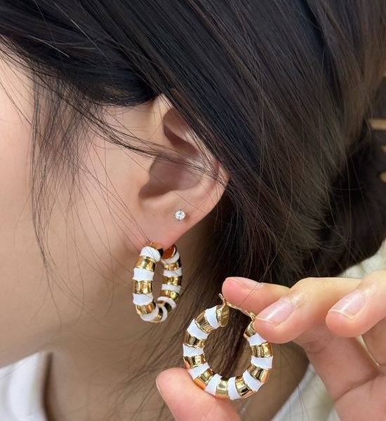 Celine Two Tone Enamel Hoop Earrings Polished Metal