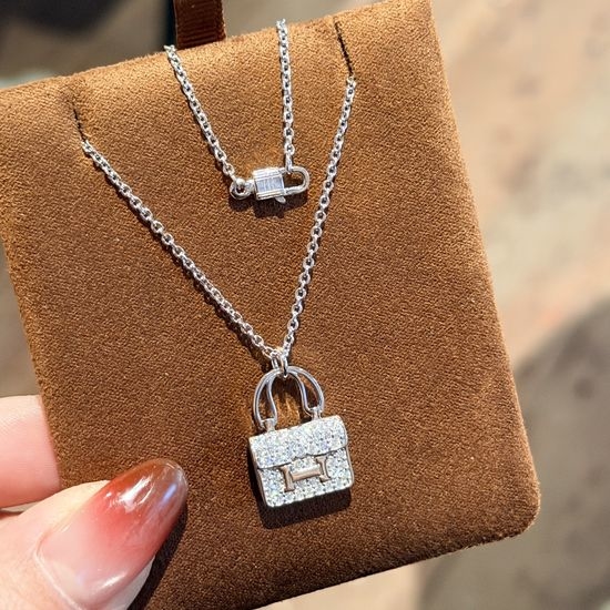 Hermes Full Diamond Bag Pendant Silver Necklace