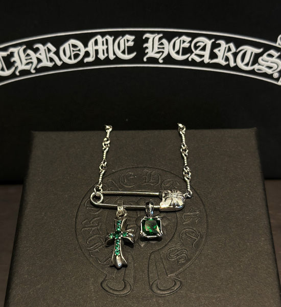 Chrome Hearts Pin Cross Pendant Green Stone Necklace