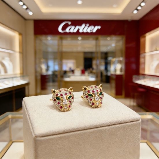 Cartier Panther Head Diamond Inlaid Stud Earrings