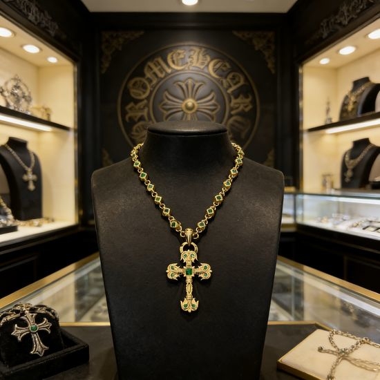 Chrome Hearts Green Stone Flame Cross Necklace