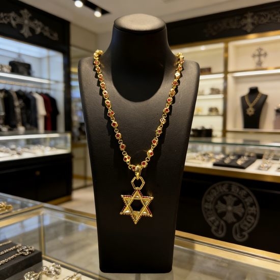 Chrome Hearts Pink Rhinestone Hexagram Pendant Necklace