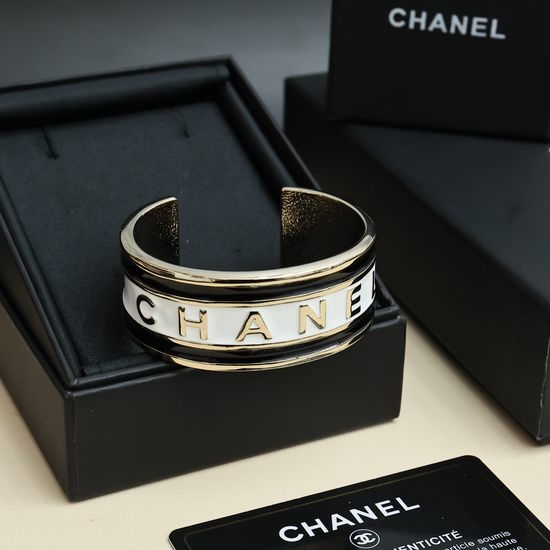 Chanel Enamel Letter Open Cuff Gold Plated Bangle