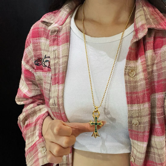 Chrome Hearts Gold Plated Green Stone Cross Pendant