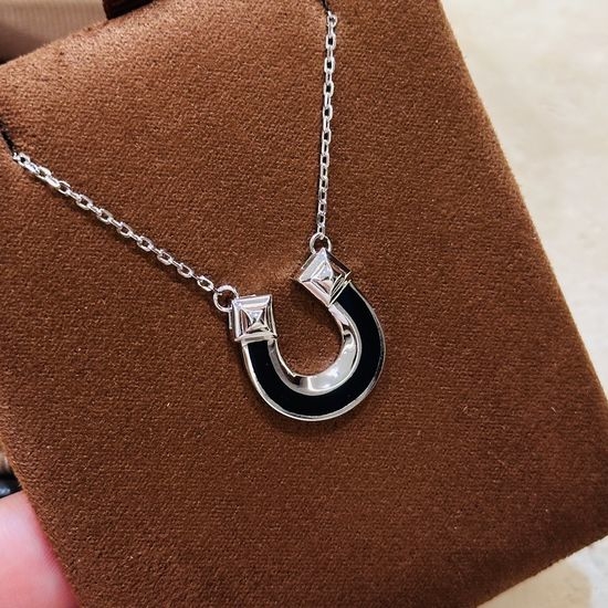Hermes Enamel Horseshoe Buckle Rivet Silver Necklace