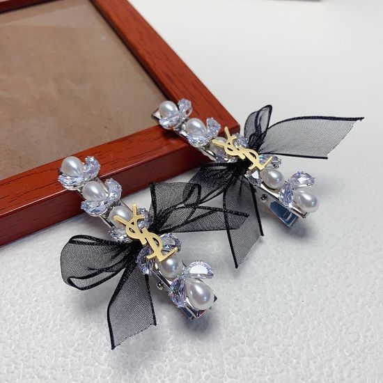 Yves Saint Laurent YSL Bow Pearl Rhinestone Hair Clips Set