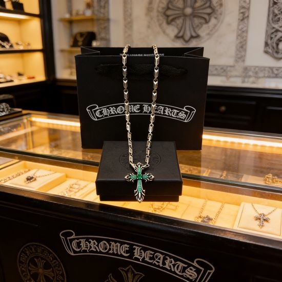 Chrome Hearts Green Diamond Cross Vintage Necklace