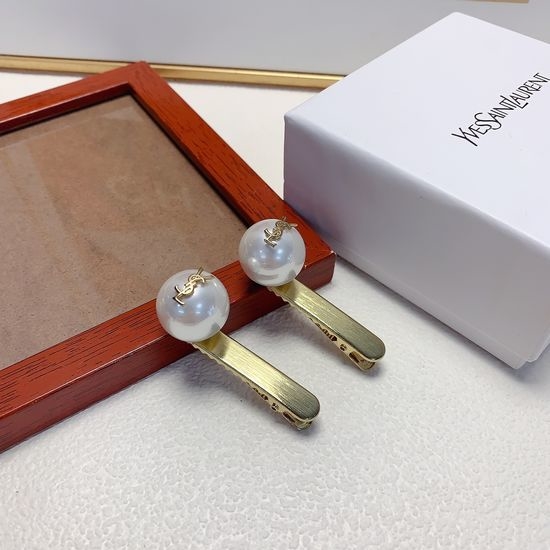 Yves Saint Laurent YSL Pearl Titanium Logo Hair Clip Pair