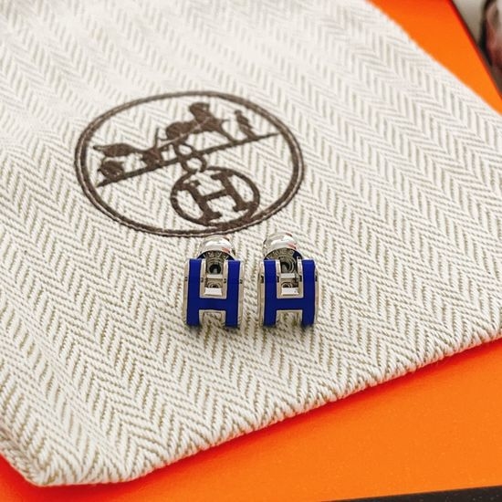 Hermes Mini Blue Letter Silver Stud Earrings