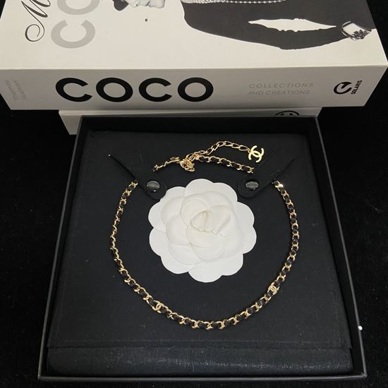 Chanel Black Gold Double C Leather Chain Necklace