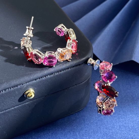Swarovski Mixed Cut Pink Rhinestone C-shaped Hoop Earrings