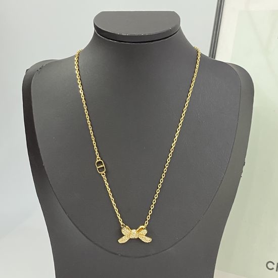 Christian Dior CD Bow Crystal Inlaid Golden Necklace