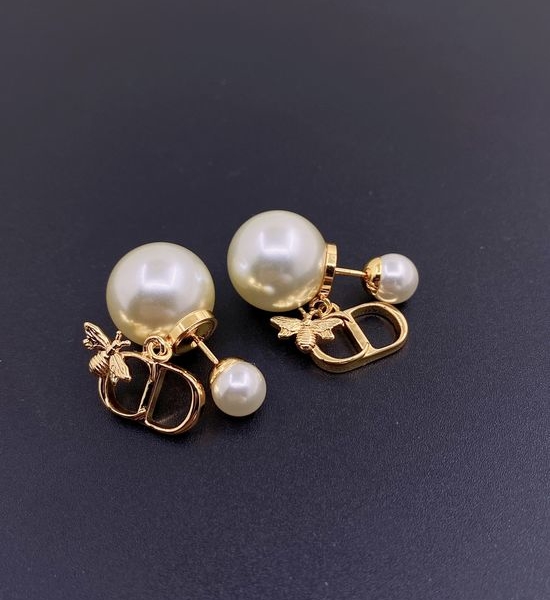 Christian Dior CD Pearl CD Bee Stud Earrings Brass