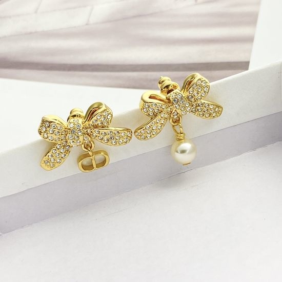 Christian Dior CD Pave Crystal Bow Asymmetric Studs