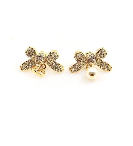 Christian Dior CD Gold Full Rhinestone Bow Earrings Brass Material