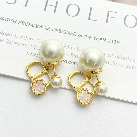 Christian Dior CD Mother of Pearl Clover Pearl Stud Earrings