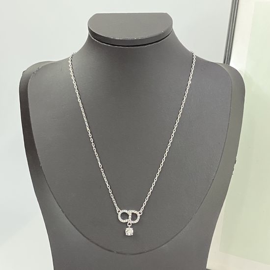 Christian Dior CD Rhinestone Pendant Necklace in Silver