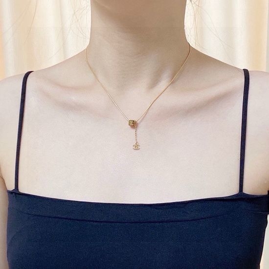 Chanel Square Pendant Thin Chain Necklace Tarnish Resistant