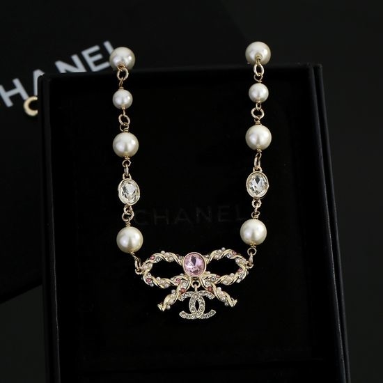Chanel Bow Pearl Pendant Elegant Adjustable Necklace
