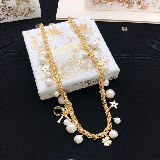 Christian Dior CD Letter Pendant Pearl Drop Necklace